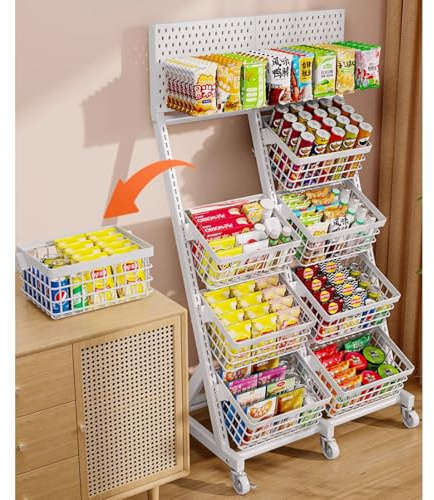IBOWZ Cestino Frutta e Verdura, Supporto in Metallo Bianco con 6 Ruote e 10 Ganci - Espositore a 4 Livelli