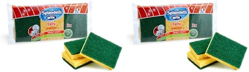 ARIX | 3 Spugne con Cellulosa Vegetale Per Lo Sporco Ostinato, Spugne Cucina Maxi Assorbenza Della Linea Splendelli, Spugna con Fibra Abrasiva Forte, 3 Pezzi - Made In Italy (Confezione da 2)