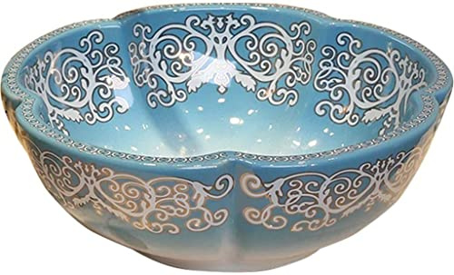 Lavabo de baño, lavabo de tocador sobre encimera, lavabo de cerámica geométrico con diseño de arte azul, para casa, balcón, jardín, con forma de flor.