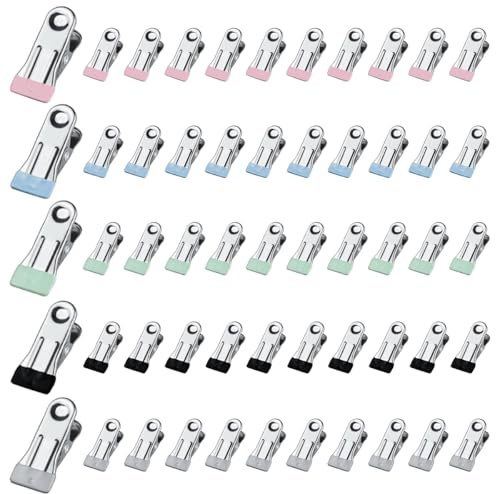 Pack of 50 Clothes Pegs, Stainless Steel, Multifunctional Non-Slip Metal Clips, Metal Clips for Beach Towel, Small Clothes Pegs, Strong for Socks, Shoes, Towel, Food Sealing, Photos