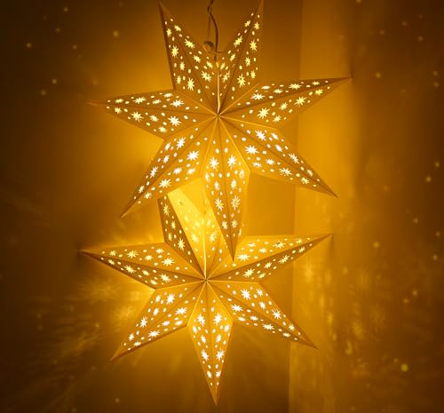 HOUISM 3PCS Christmas Paper Star Lanterns - 45cm Foldable Hanging Lampshades with 3×1.5m Warm White Fairy Lights for Xmas Tree, Wedding, Party, Fireplace Mantel Decor
