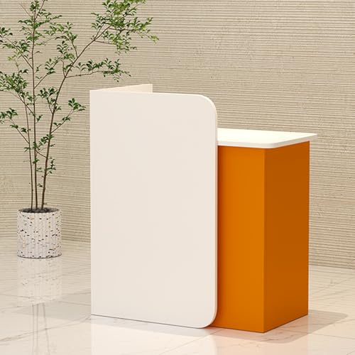 Moderner Empfangstresen in L-Form mit abschließbarer Schublade, stilvoller Empfangstheke aus Holz für Büro, Salon und Lobby, Weiß & Orange, 60 x 45 x 95 cm