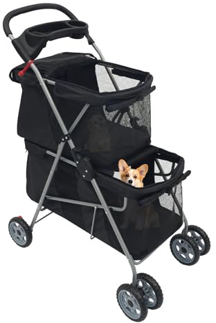 Carrito de doble palo para perros pequeños y gatos, carrito plegable para gatos y gatos, con 2 niveles para 20 kg, 4 ruedas con frenos (negro)