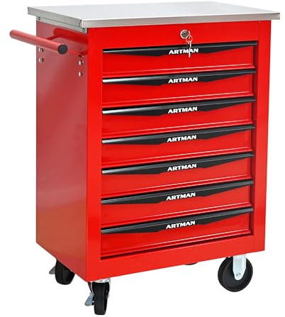 FammyLoft Werkzeugwagen mit Rädern, Rolling Werkzeugkoffer mit 7 Schubladen, Metall Werkzeugkiste für Garage, Workshop, Warehouse, Reparaturwerkstatt, Werkzeugtrolley mit Edelstahldach, Rot