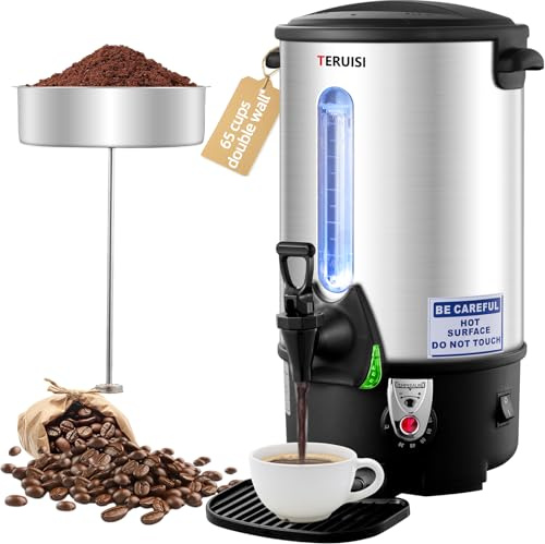 TERUISI 1300W Coffee Urn, 65 Cups/9L Commercial Coffee Maker Hot Water Dispenser with Filter Basket & Adjustable Temperature Stainless Steel 220V