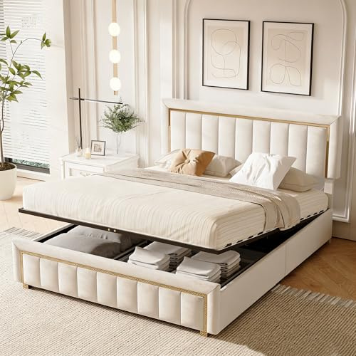 HYNHXBP Lit Coffre 140x190 cm avec Sommier à Lattes, Lit Double Rembourré avec Rangement Hydraulique et Tête de Lit, Velours Beige, Lit 2 Personnes pour Adultes et Adolescents, sans Matelas