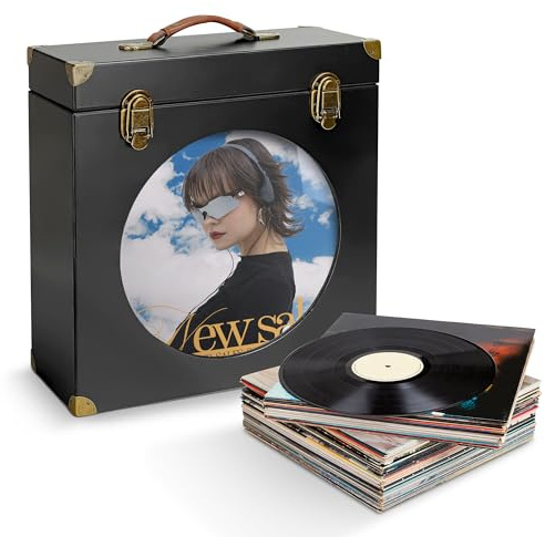 Simabsie Solid Wood Vinyl Record Storage Box with Display Window - Holds 30 LPs, Acrylic Front, Leather Handle & Metal Lock for 12/10/7 Inch Records (Black)