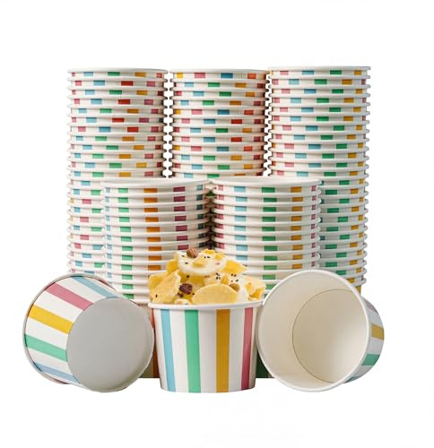 PakTalk 120 Stück Eisbecher Pappe 350ml - Kompostierbare Pappbecher mit bunten Streifen, Auslaufsichere Eisschalen für Eis, Dessert, Joghurt