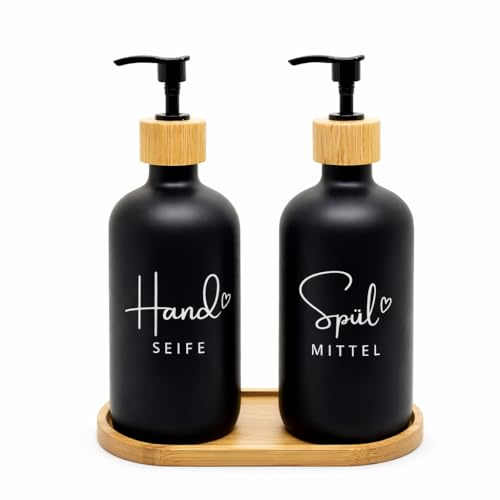 BoBoU Seifenspender Glas 2er Set Schwarz 500 ml – Handseife & Spülmittel mit Deutscher Handschrift-Beschriftung und Herzlogo, Bambus Pumpkopf, inklusive Bambustablett, nachfüllbar, Küche & Bad