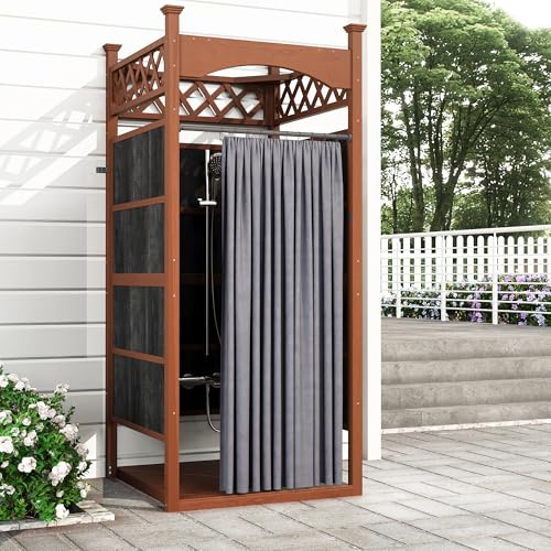 BIXUYOU Freistehende Außendusche aus Massivholz mit Vorhang und Bodenmatte, Private Umkleidekabine und Sichtschutz für Pool und Garten/Strand
