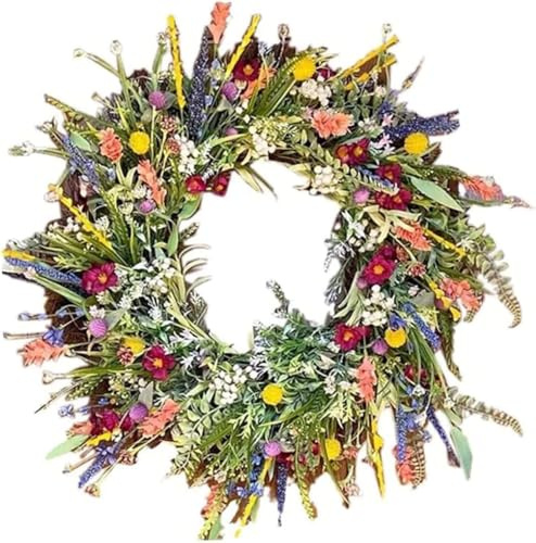 Spring Summer Wildflower Wreath for Front Door, Artificial Wildflower Garland,Colourful Spring for Indoor Garden Decoration,for Spring Mothers Day Decoration, Home, Parties, Doors, Weddings (40CM)