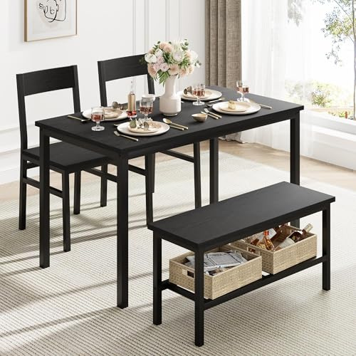 GarveeMore 4-Teiliges Küchentisch-Set, Esstisch Mit 2 Stühle & Bänken Für Kleine Räume, Esszimmergruppe Für 4 Personen, Rechteckig Esstisch Aus Metall Und Holz, Für Wohnzimmer, Esszimmer, Küche