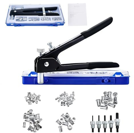 FreeTec 86tlg Nietmutternzange Set, Blindnietmuttern Zange mit M3 M4 M5 M6 M8 Nietmuttern Gewinde, Gewindenieten Einnietmuttern Zange Werkzeug mit Dornen für Metal Rohr Auto Reparatur (Schwarz)