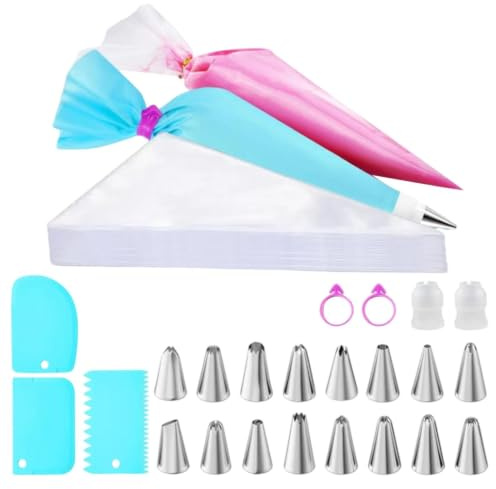 Kit di decorazione per torte, set di tubazioni per cupcake, biscotti, dessert, 16 punte per decorare con 100 sacchetti di glassa anti scoppio, 3 raschietti 2 accoppiatori, 2 fascette per principianti