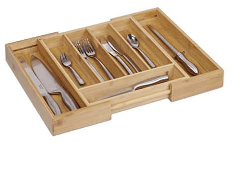 Relaxdays Besteckkasten Bambus, 5 - 7 Fächer, verstellbares Besteckfach für die Schublade, Breite 31,5 - 49 cm, natur, Braun