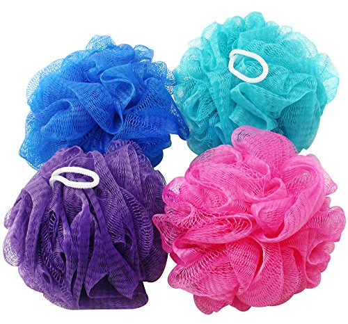 com-four® 4x Duschschwamm - Badeschwamm in tollen Farben - Waschschwamm für die Dusche - Massageschwamm - Duschknäul [Farbauswahl variiert!] (04 Stück)