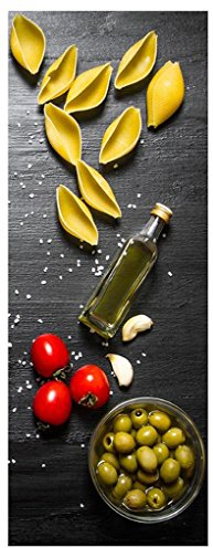 levandeo Glasbild 80x30cm Wandbild aus Glas Küche Pasta Nudeln Oliven Italien