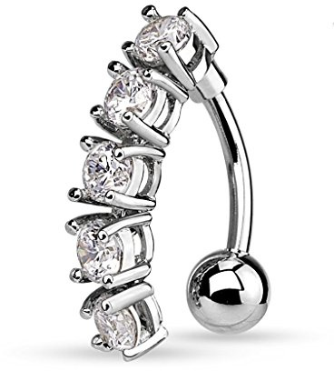 Forbidden Body Jewelry Surgical Steel Sexy Dangle Reverse Mount 5-CZ Vertical Drop Belly Button Ring