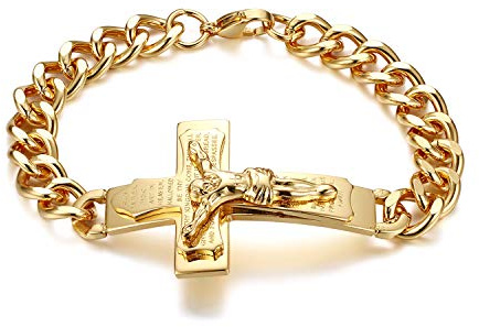 JewelryWe Schmuck Retro Herren Armband Edelstahl Kreuz Rood Jesus Kruzifix Bibel Gebet Englisch Panzerarmband Panzerkette Armkette Silber/Gold Ostern Geschenk