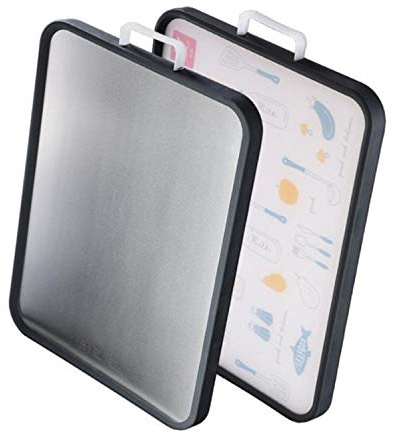 Meiyijia - Planche à découper ménagère antibactérienne en Acier Inoxydable, 39x29x2cm, 2 en 1, Plastique de qualité alimentaire/acier inoxydable 304, bord en caoutchouc antidérapant