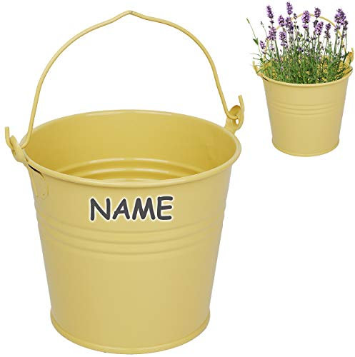 Kleiner - Metall Eimer/Blumentopf - beige/hell braun/Creme - inkl. Name - 15 cm hoch - 2 Liter - rostfrei - Blech Eimer/Metalleimer - rund - mit 3-D E..