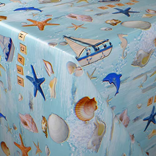 KEVKUS Wachstuch Tischdecke K150214 maritim Fischerboot Seestern Muschel Meer wählbar in eckig rund oval (Rand: Schnittkante (ohne Einfassung), 140 cm rund)