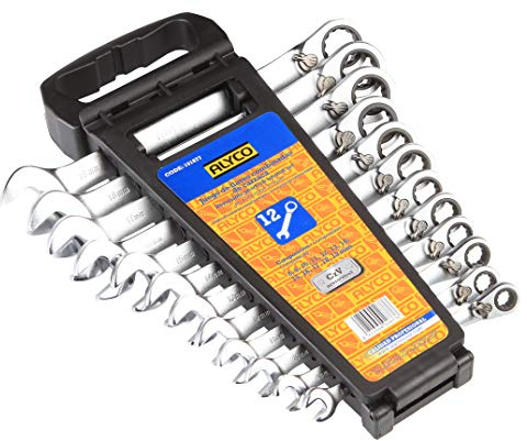 Alyco - Juego de 12 Llaves Combinadas con Carraca Reversible - 191877, llaves grises y soporte negro, 8, 9, 10, 11, 12, 13, 14, 15, 16, 17, 18 y 19 mm