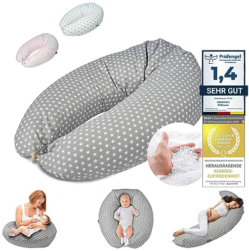 SMOOTHY Almohada de Lactancia Almohada de Embarazo para Dormir, Descansar y amamantar Almohada para Dormir de Lado Almohada de posicionamiento para la Madre y el bebé (Gris)
