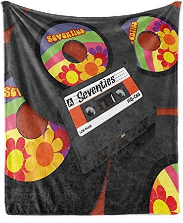 Ambesonne 70s Party Throw Blanket, Compact Cassette Player and Some Vinyl Records with Seventies Text Retro, Flannel Fleece Accent Piece Soft Couch Cover for Adults, 50 x 60, Multicolor