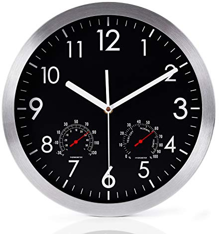 WOOPHEN 12 Inch Silent Non Ticking Wall Clock Sweep Movement Silver Aluminum Frame Glass Cover, for Office, Home, Bathroom, Kitchen, Bedroom, School, Living Room (Black)