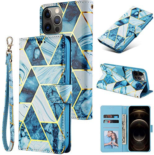 DEFBSC Case for iPhone 13, Premium PU Leather Geometric Marble Pattern Wallet Case with Detachable Wrist Strap, Magnetic Closure Card Slots Shockproof Flip Cover Case - Blue