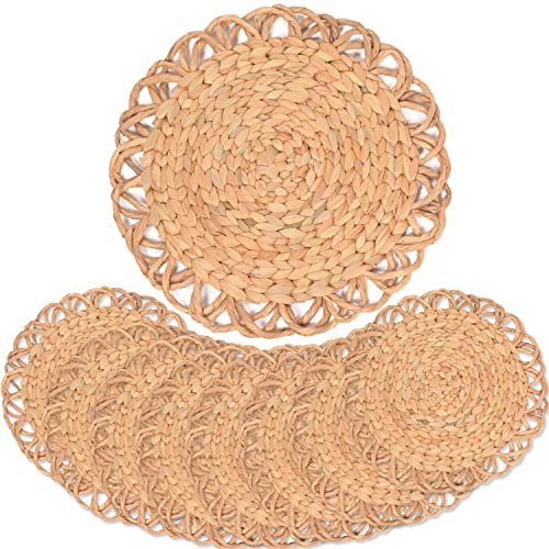 Flower Boho Round Woven Placemats - Set of 8, Water Hyacinth Wicker, Natural, 13.4 in
