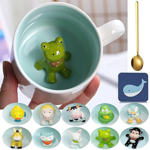 Arawat Frosch Tasse 3D Tier Tassen mit Frosch Figur Innen 350 ml Frog Mug mit Löffel Frosch Geschenk Cute Kaffee Tee Becher Geschenke Frog Cup Geburtstagsgeschenk für Freund Jungen Frauen Männer