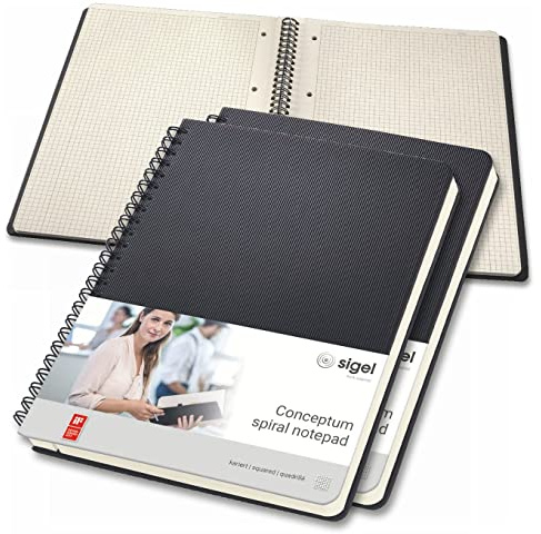 Sigel Conceptum Premium Spiralblock A5 Kariert schwarz 80 Blatt 3er Pack | CO822/3, sehr stabiler Hardcover-Einband mit Einsteckfach, aus nachhaltigem Papier