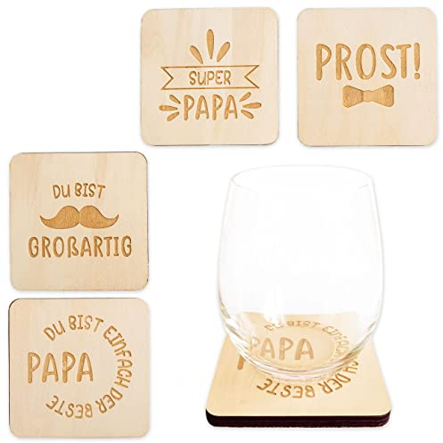 Papierdrachen 4 Glasuntersetzer aus Holz mit Filzrücken und Gravur Papa zum Vatertag - tolle Geschenkidee - in 4 verschiedenen Designs - Vatertagsgeschenk
