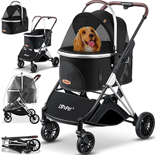 LOVPET® Hundewagen 3in1 Hundebuggy bis 20kg Hundebox Transporttasche faltbar klappbar Große Räder Netzfenstern Regenschutzabdeckung Getränkehalter Kuscheldecke Katzenbuggy Jogger Buggy für Haustiere