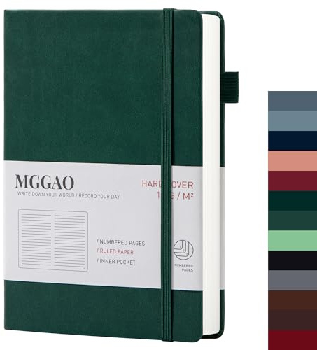 MGGAO A5 Diario Rayado 100 GSM Papel Grueso Rayado con 188 Páginas Numeradas Cuaderno de Tapa Dura de Cuero Sintético Premium para Escritura Personal Estudio Oficina Viajes Grabación