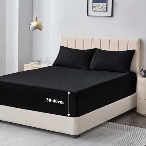 Aisbo Spannbettlaken 140x200cm Bettlaken Boxspringbett - Bett Laken Schwarz 140x200 aus Premium Mikrofaser, weiches Spannbetttuch 140 x 200 Steghöhe 40cm für Wasserbett Bed Fitted Sheet