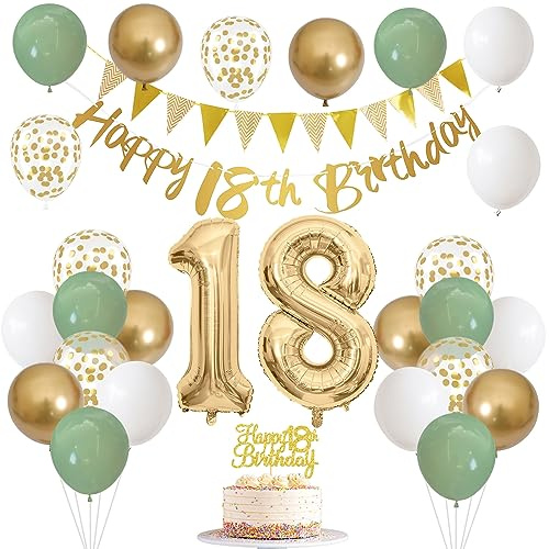 18th Birthday Decorations for Boys Girls, 18th Banner Number 18 Foil Balloon Sage Green White Gold Balloons for 18 Year Old Birthday Party Decoration