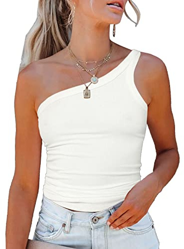 Kvinnor One Shoulder Top, Dam Linne Stickad Erogen Medium Stretch för Sommaren (L)