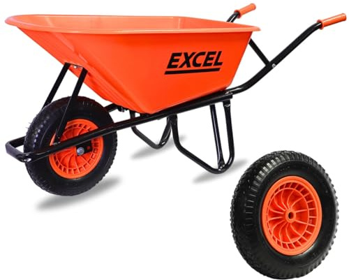 Excel Wheelbarrow Barrow Cart Trolley Heavy Duty 100L Wheelbarrow HDPE Plastic Tray Extra Puncture Proof Wheel - Garden Wheelbarrows, Handcart Wheel Barrow