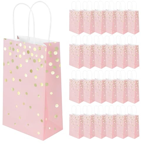 Papiertüten 24 Stück Rosa Gold Geschenktüten mit Henkel, 23 x 14 x 8 cm Wiederverwendbare Kraftpapier Tüten, Papierdekoration