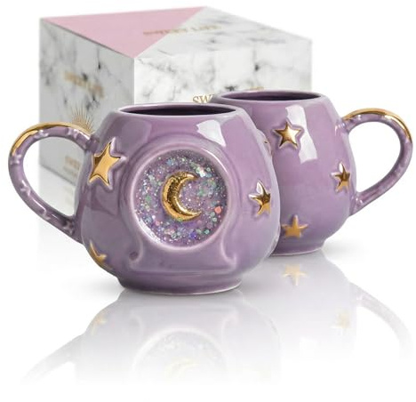 Taza de café hecha a mano de 400 ml con diseño de estrella de tarot o luna, taza de café de hielo de cielo estrellado, taza de té de cerámica rosa degradado para el hogar y la oficina (púrpura)