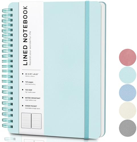 Lined Spiral Journal Notebook, A5 Hardcover Leather Notebook for Work, 5.7''×8.2'', 100GSM Thick Paper Spiral Bound Journaling Notebooks for Women & Men Office School Note Taking Business, Morandi