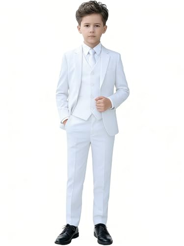 Toddler Suit for Boys Slim Fit 5 Pieces First Communion Kids White Formal Wear Ring Bearer Outfit for Wedding Tuxedos Dress Clothes Teen Youth Boys Suits Size 6
