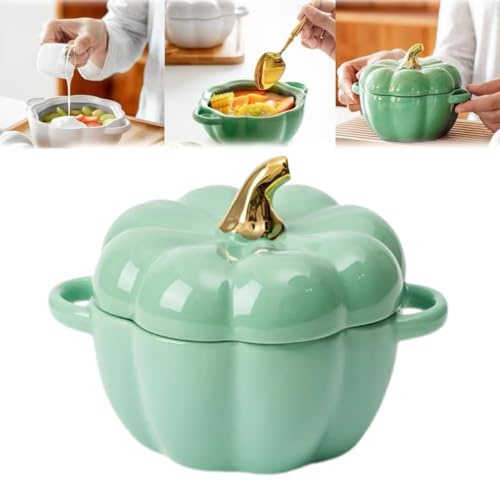 Bol à citrouille d'automne en céramique avec couvercle, passe au four, 425,2 g, pot de rangement décoratif en forme de citrouille pour la maison, Thanksgiving, Halloween, fête (vert)