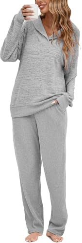 Famulily Ladies Pyjamas Set Soft 2 Piece Loungewear Ribbed Hem Top and Wide Leg Pants Grey M