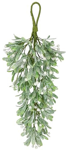 Mistelhänger mit weißen Beeren geeist Künstliche Mistelzweige Mistel Misteldekoration Mistelbusch Weihnachtsdeko Girlande Deko Dekozweig Hänger Hängende Blumendeko Türdeko Kunstblumen, 62 cm