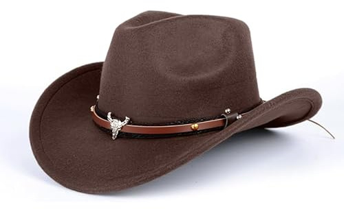 Cowboy Hat for Women and Men, Faux Fur Felt Cowgirl Hats Hats Outdoor Wide Brim Rodeo Hat with Strap, Brown