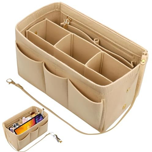 TenaLucy Handtaschen Organizer, Bag Organiser for Women’s Handbags, Felt Bag Organiser, Filz Taschenorganizer mit Mehrere Fächer,Geeignet zur Aufbewahrung Diverser Kleinteile (Khaki)